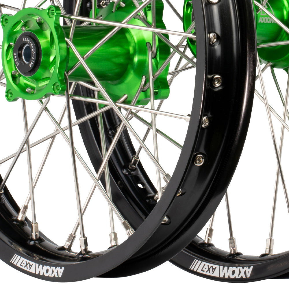 Axiom Kawasaki KX85 2001-24 BW Black Rim / Green Hub 19x1.4/17x1.85 Flat Track Wheel Set