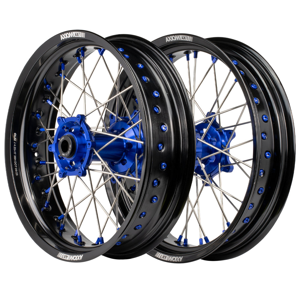 Axiom KTM / Husqvarna / Gas Gas 2003-24 Black Rim / Blue Hub / Blue Nipples 17x.3.5/17x4.25 Supermoto Wheels