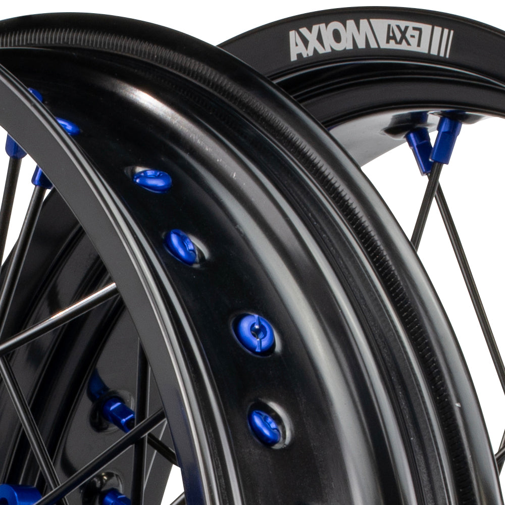 Axiom KTM / Husqvarna / GasGas "Cush Drive" Black Rim / Blue Hub / Black Spokes / Blue Nipples 17x.3.5/17x4.25 Supermoto Wheels