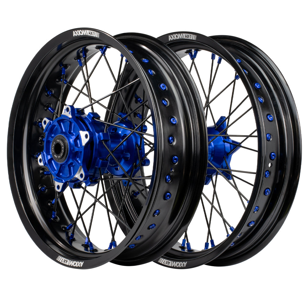 Axiom KTM / Husqvarna / GasGas "Cush Drive" Black Rim / Blue Hub / Black Spokes / Blue Nipples 17x.3.5/17x4.25 Supermoto Wheels