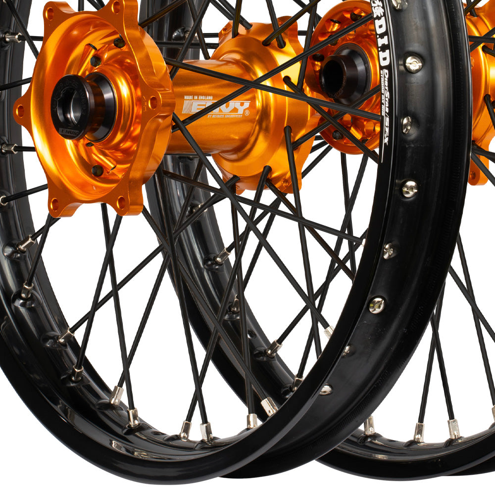 Envy/DID 21/18 KTM EXC-EXCF / Husqvarna TE-FE 2024  Black Rim / Orange Hub Black Spokes Wheel Set